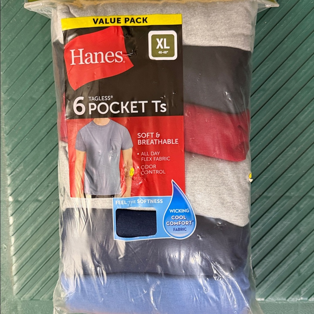 NWT XL Hanes 6-Pack Men's Short Sleeve Pocket Tees Soft Breathable Tagless Ts
